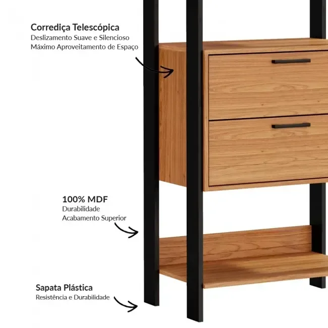 Ver imagem 5 de Guarda Roupa Closet Industrial Modulado 3 Peças 4 Gavetas 217,2cm 100% MDF Marrom/Freijó/Preto Fosco