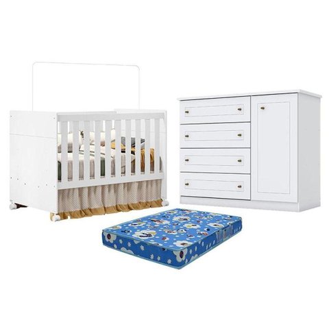 Berço Americano Katatau Branco Acetinado - Reller e Cômoda Infantil Americano Branco Hp e Colchão