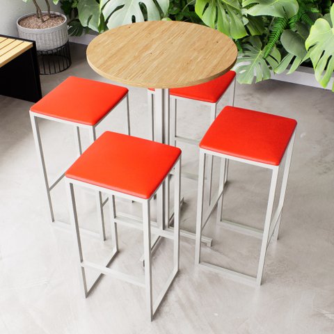 Conjunto Mesa Alta Bar Bistrô Redonda Pinus 4 Bancos Estofado Don Castro Decor