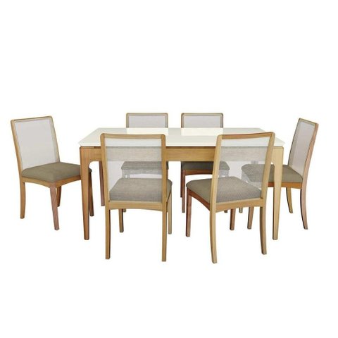 Sala Jantar Mesa Mira Premium Madeira Maciça C/ Tampo Madeirado C/ Vidro 160x90cm e 6 Cadeiras Lara