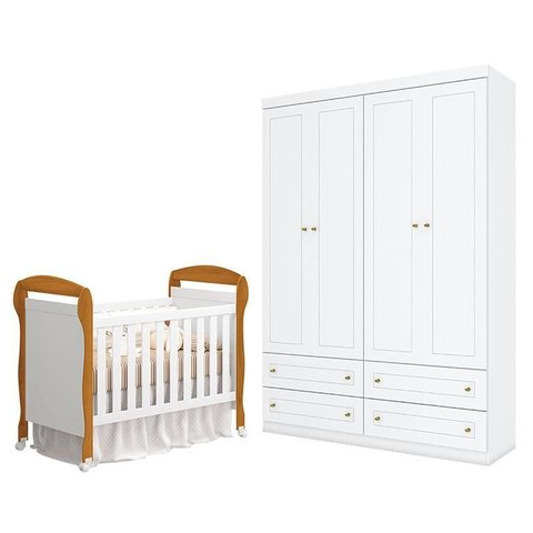Berço Americano Danny Branco Acetinado Savana Reller e Guarda Roupa Infantil 4 Portas Americano