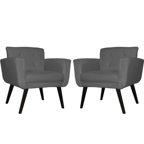 Kit 2 Poltronas Decorativa Geovana Suede Cinza Pés Madeira Mz Decor