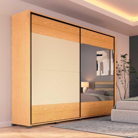 Guarda Roupa Casal Milano 2 Portas Correr Espelho 4 Gavetas MDF Carvalho Mel com Off White Gloss