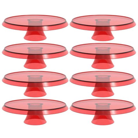 Kit 8 Bases Porta Bolos Tortas Doces 25cm com Pé Vermelho Transparente Glassy Crippa 
