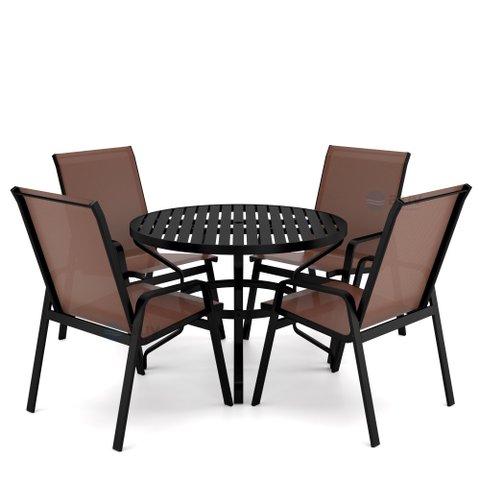 Mesa 4 cadeiras Ripado Piscina Alumínio Preto e Tela Marrom