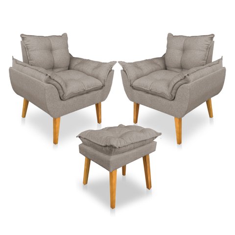 Kit 2 Poltronas Decorativa e Puff Opala Luxo Linho Cappuccino Sky Mobile