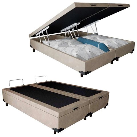 Cama Box Baú Casal Bipartido Suede Bege Emth 138x188x40