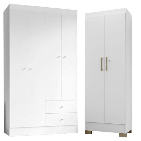 Guarda Roupa Solteiro Versa 4 Portas Branco Rosa Flex Fosco com Armário Multiuso Luna Branco Fosco -