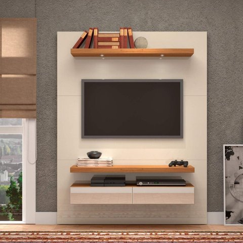 Painel para TV 55 Pol 180cmx140cm. com LED Espelho 2 Gavetas MDF Off White/Freijó