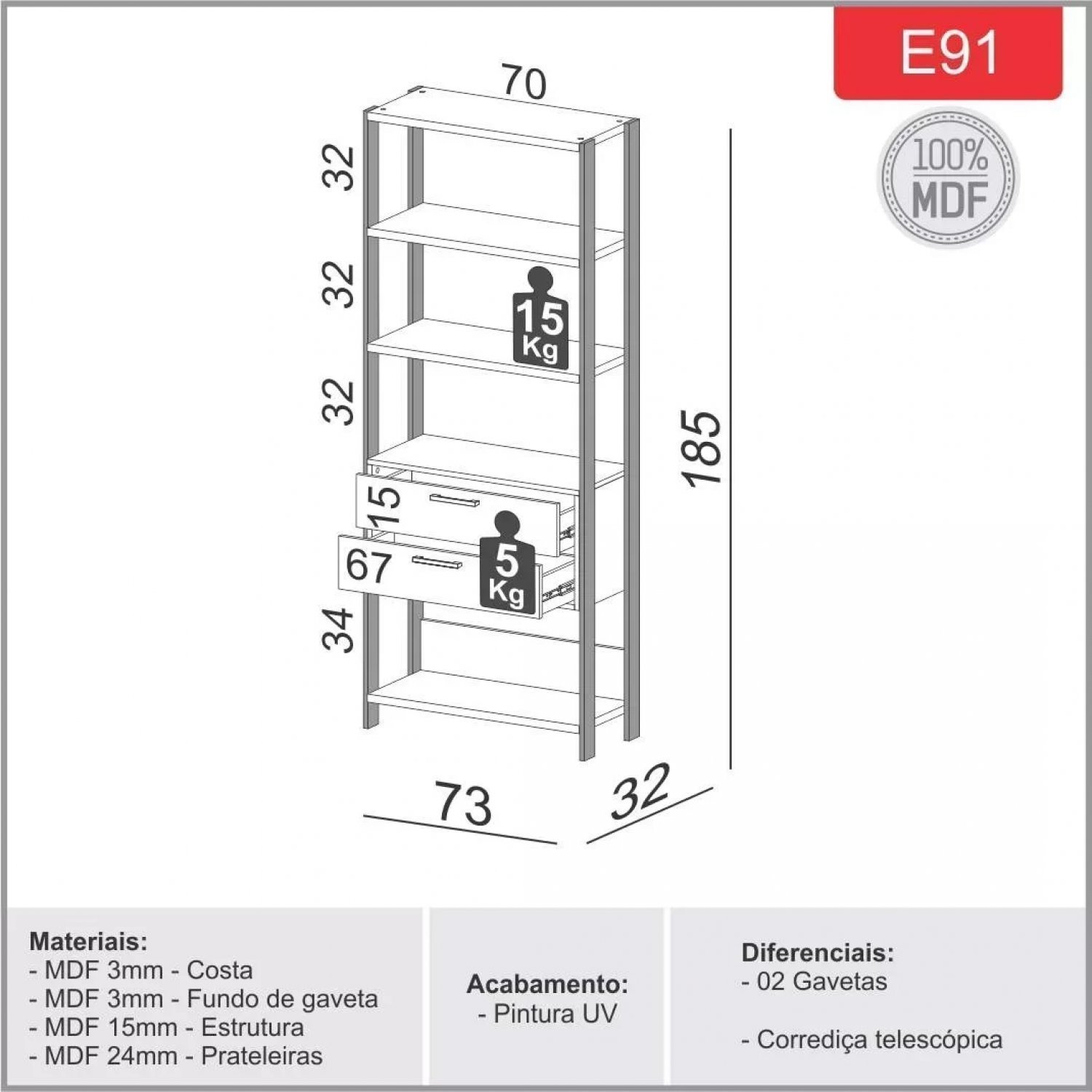 Estante para Livros 2 Gavetas 185cmx72cm E91 - 4