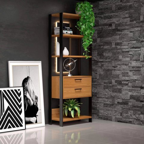 Estante de Livros Industrial 100% MDF 73CMX185CM 2 Gavetas Marrom/Freijó/Preto