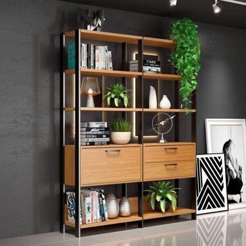 Estante de Livros Industrial 100% MDF 144CMX185CM 1 Porta 2 Gavetas Marrom/Freijó/Preto