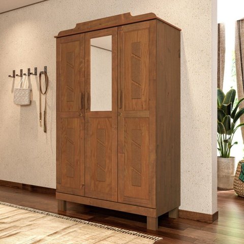 Guarda-Roupa 3 Portas com Espelho Estrutura em Madeira Cobre Marrom/Castanho