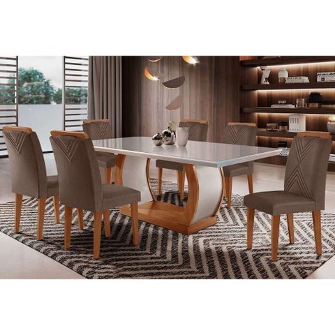 Conjunto: Mesa Sala Jantar Jade Tampo Madeirado c/ Vidro Curvo 180x90 e 6 Cadeiras Amsterdã Imbuia/