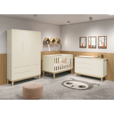 Jogo de Quarto para Bebê Completo 3 Portas Classic New Areia Fosco com Natural - MoveisAqui