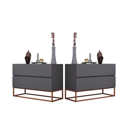 Kit 2 Mesas de Cabeceira Cinza 2 Gavetas e Pés De Ferro Cobre 60cm