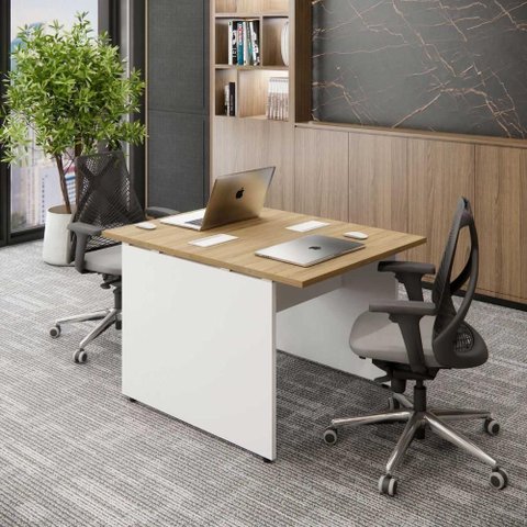Plataforma Trabalho Escritório Pé Painel sem Gavetas MDF-MDP 90cm Macadâmia com Branco F5 Office