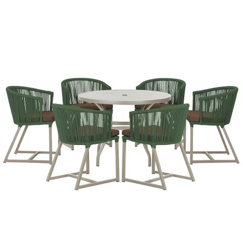 Mesa com 6 Cadeiras de Jantar Roma 120cm e Noronha em Alumínio Fendi Corda Náutica Estofado 9 Trama