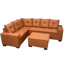 Ver imagem 1 de Sofá de Canto Florença 6 Lugares com Puff e Almofadas Soltas Tecido Linho União Cor Tijolo