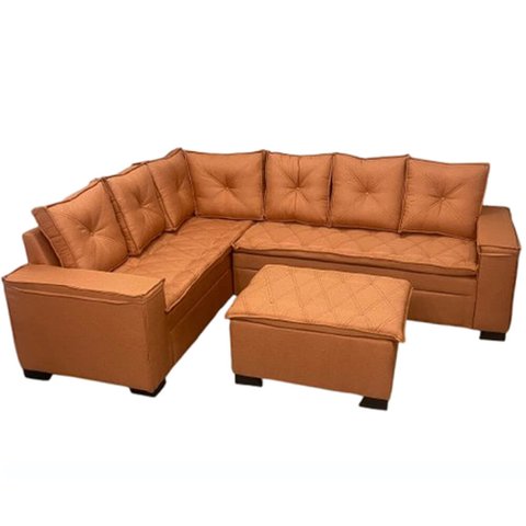 Sofá de Canto Florença 6 Lugares com Puff e Almofadas Soltas Tecido Linho União Cor Tijolo