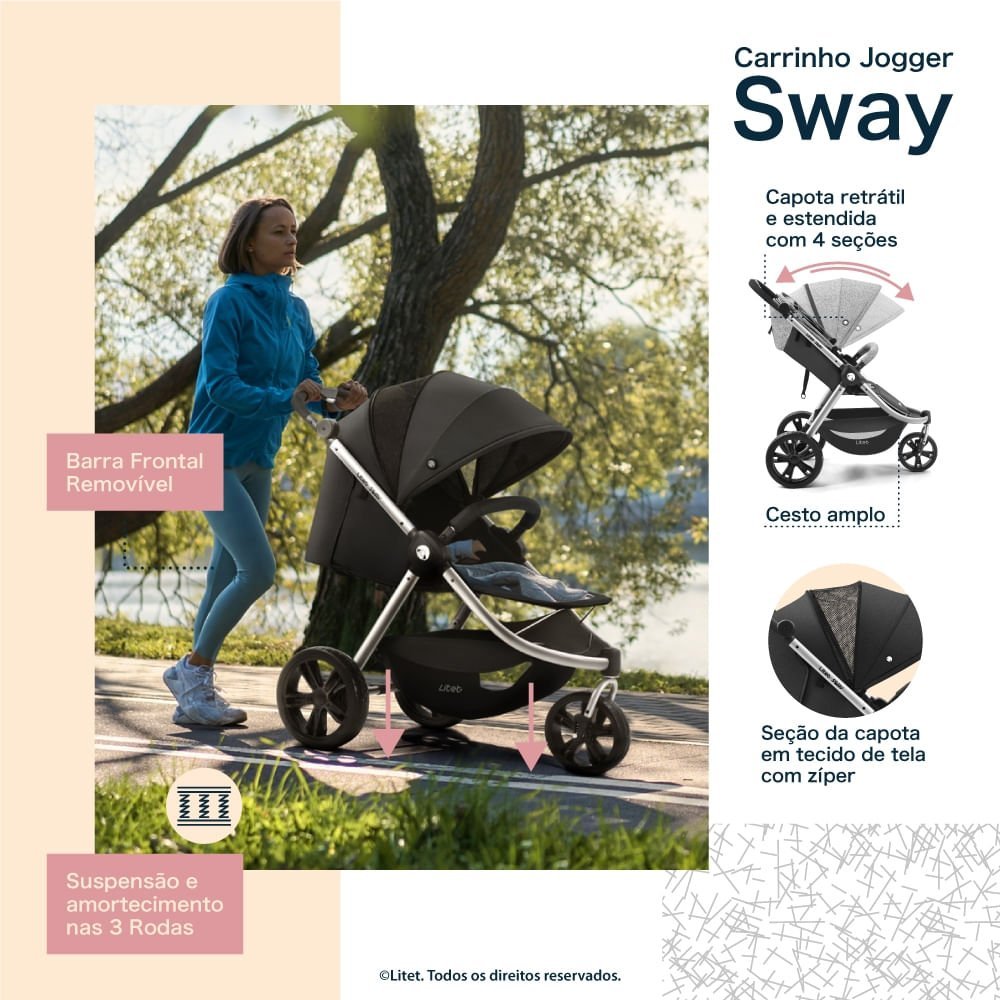 Carrinho Jogger Sway Três Rodas 0-15kgs Preto com Cinza Litet - BB373 BB373 - 3