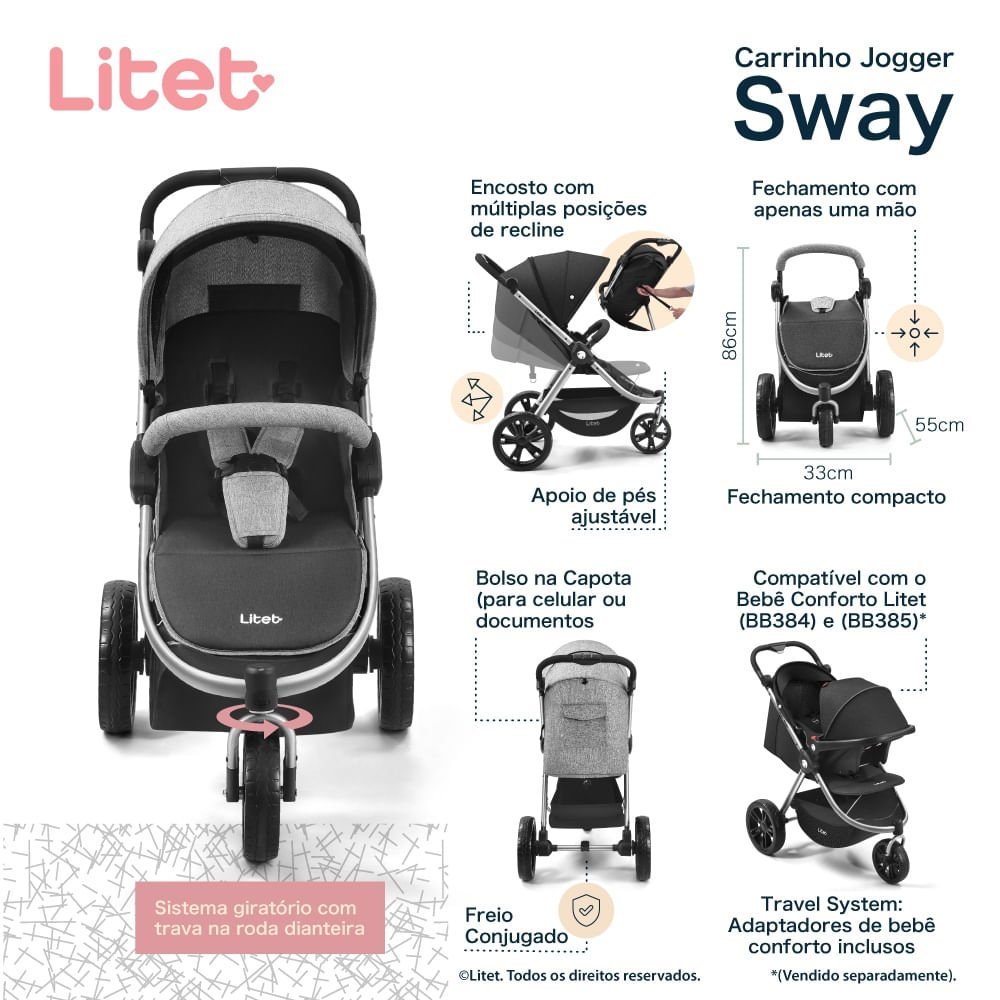 Carrinho Jogger Sway Três Rodas 0-15kgs Preto com Cinza Litet - BB373 BB373 - 4