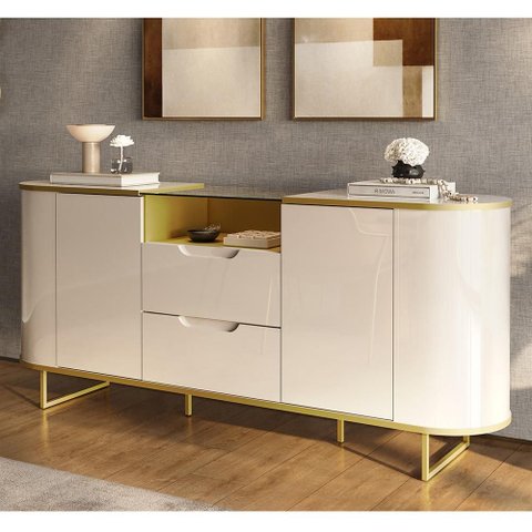 Buffet Atlanta com Tampo Mdf 15mm Gavetas Telescópicas Prateleira de Vidro e Pés em Aço