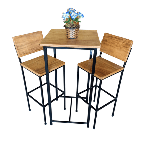 Conjunto Bistrô com Mesa Quadrada e 2 Banquetas em Madeira de Demolição e Ferro Sudeste Rústico