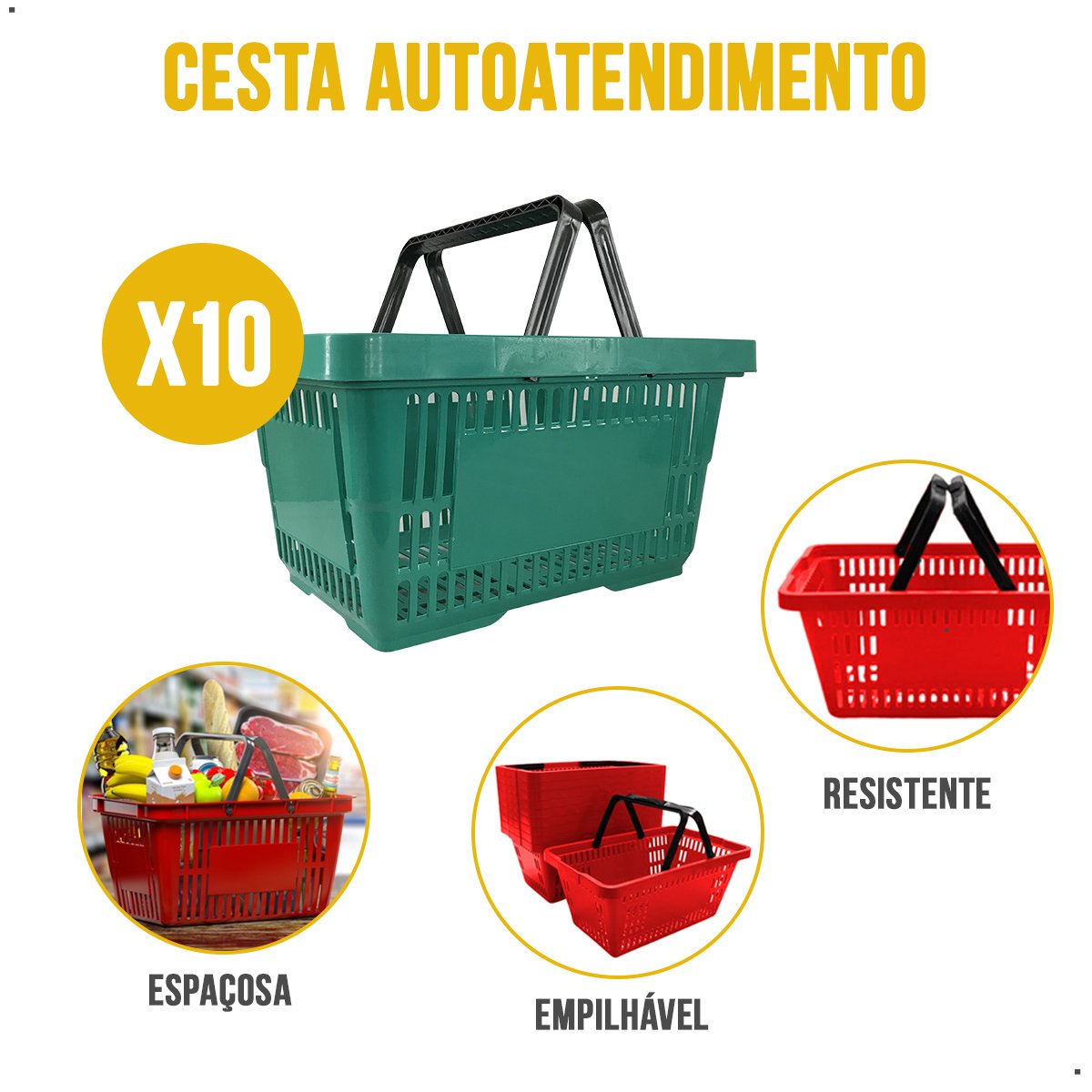 Kit com 10 Cestas de Compras Mercado Loja Verde - 4