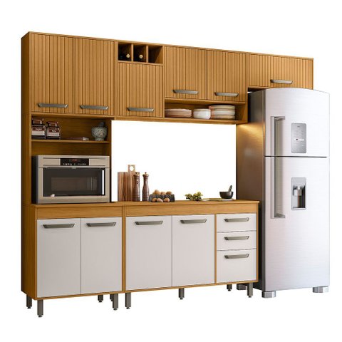 Cozinha Compacta + Balcão com Tampo (04 Peças) Malta Freijo Ripado Off Acetinado - Ssx Multicoisas