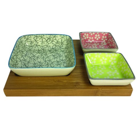 Petisqueira de Bamboo e Cera Mica com 3 Bowls Btc Decor