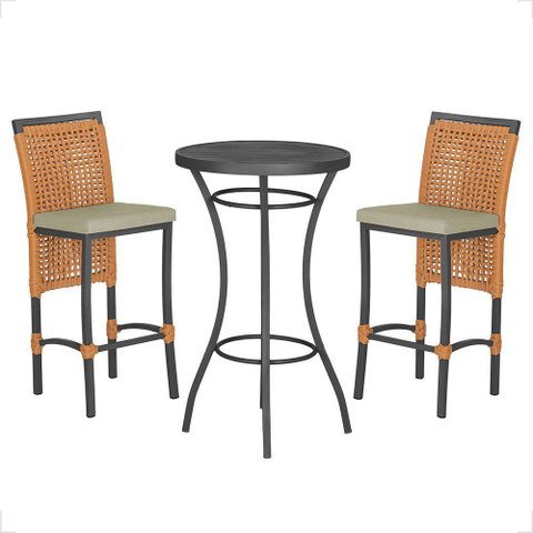 Mesa Bistrô e 2 Banquetas Roma Preta Corda Náutica Estofado 7 Trama Original
