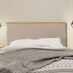 Cabeceira Cama Box Queen 1,60m Estofada Detalhe em Madeira Java Veludo Bege - 1