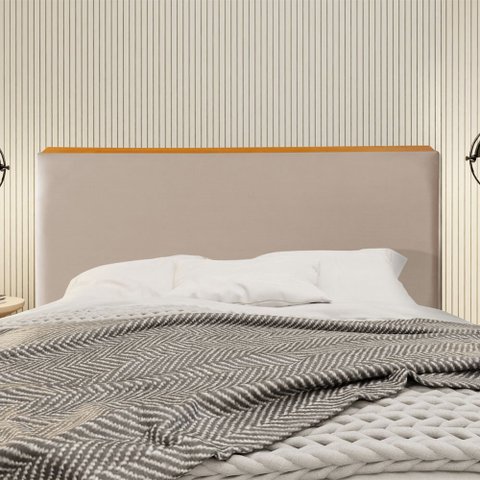 Cabeceira Cama Box Queen 1,60m Estofada Detalhe em Madeira Java Veludo Bege