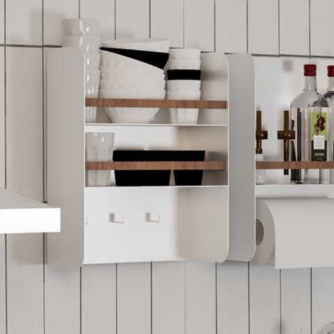 Porta Condimentos em Aço Carbono Branco e Madeira C/ Porta Papel- 40cm Linha Home