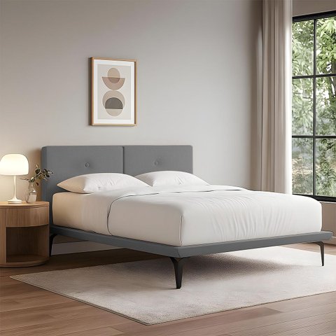 Cama Japonesa Tóquio Casal com Cabeceira Almofadada Linho Cinza
