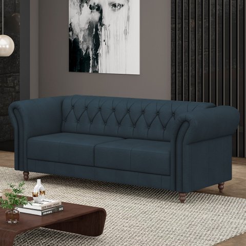 Sofá Living Sala de Estar Stanford Chesterfield 2 Lugares 220cm Pés de Madeira Couro Azul Marinho G5