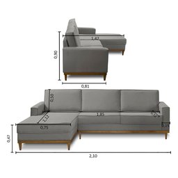 Sofá 3 Lugares 2,10m Living com Chaise Esquerdo Lavinia Linho Cinza Adonai Estofados - 2