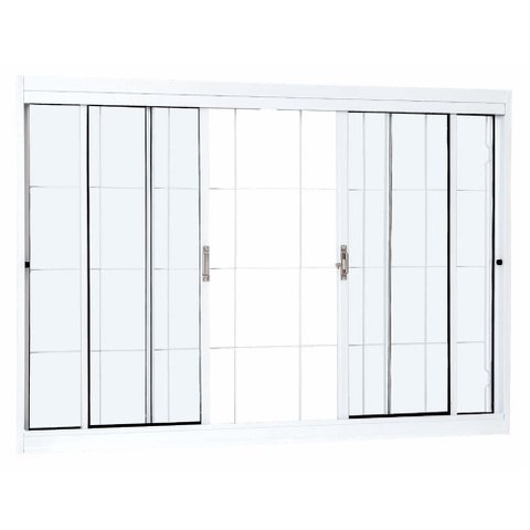 Janela de Aço Correr Central 100x120cm 4 Folhas Grade Quadriculada Vidro Liso Branco Unicsol Central