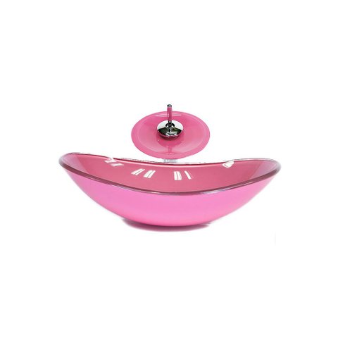 CUBA DE VIDRO OVAL 55CM ROSA + VALVULA + TORNEIRA CASCATA