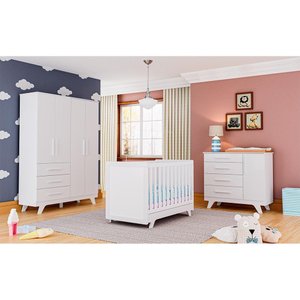 Quarto de Bebê Completo com Guarda Roupa Cômoda e Berço Retrô Móveis Peroba Branco Brilho