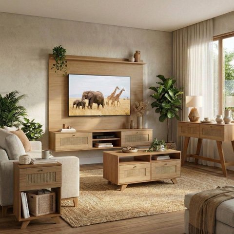 Sala de Estar com Painel Tv 72'' Mesa Centro e Apoio e Aparador Trama Carvalho