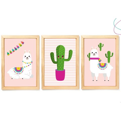 3 Quadros Decorativos Infantil - Lhama com Moldura e Vidro:pinus