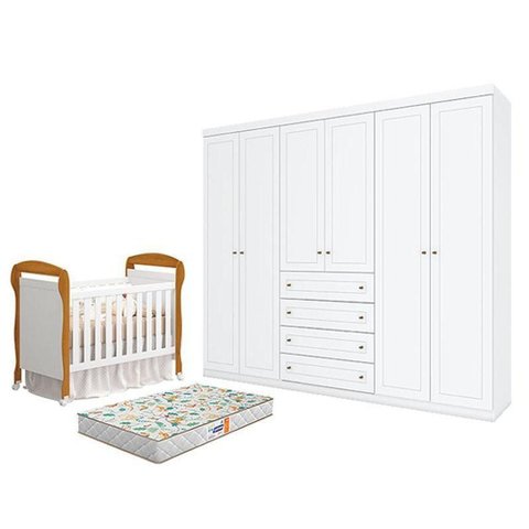 Conjunto Berço Americano Danny Guarda Roupa 6 Portas 4 Gavetas Branco Móveis Henn