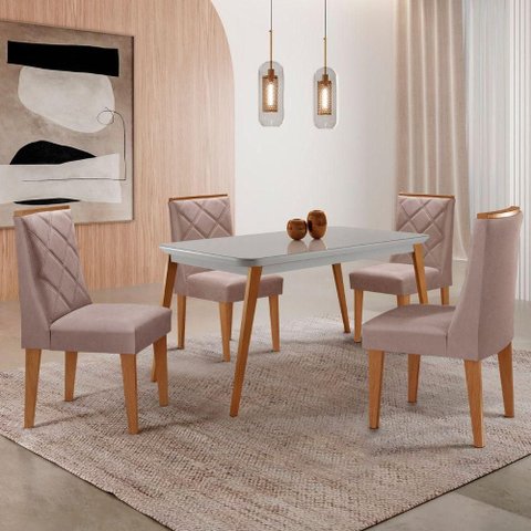 Mesa de Jantar Copper 120cm MDF Vidro com 4 Cadeiras Moderna Linho Capuccino/Off/Nat/Serig. Off