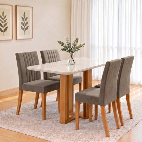 Conjunto Sala de Jantar Mesa Manu 120cm Tampo MDF e Vidro Canto Arredondado 4 Cadeiras Lily