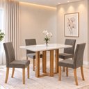Ver imagem 1 de Conjunto Sala de Jantar Mesa Manu 120cm Tampo MDF e Vidro Canto Arredondado 4 Cadeiras Lily