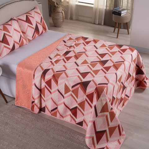 Kit Colcha Cobre Leito Casal 3 Peças Matelado Dupla Face Salmão