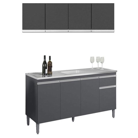 Balcão de Pia Tatiane 145 Cm e Armário Aéreo Andréia 4 Portas 150 Cm Cinza Fosco – Ajl