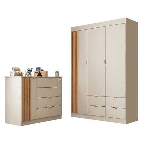 Jogo de Quarto Infantil Ayla com Guarda Roupa e Cômoda Off White Acetinado - Phoenix Baby